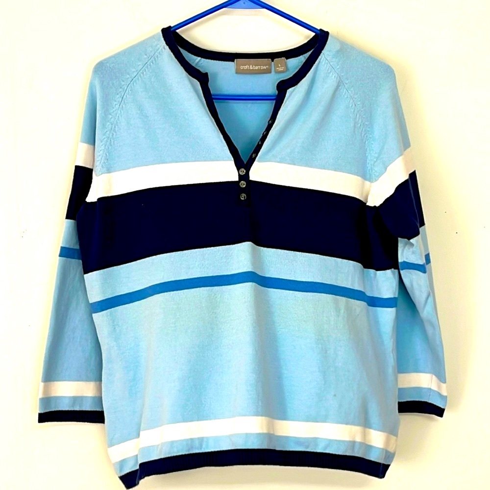 🌞 Croft & Barrow blue & white striped long sleeve v-neck pullover shirt women L